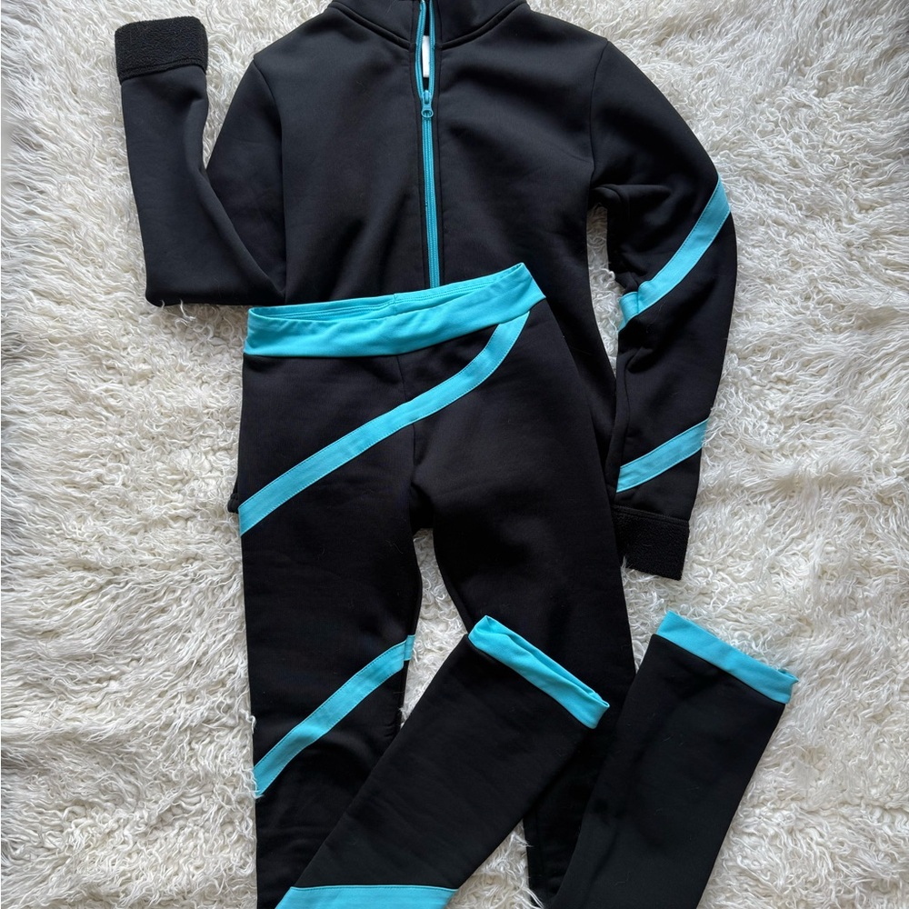 Ice Skating Black Active Zip-Up Jacket & Leggings Set with Turquoise Trim